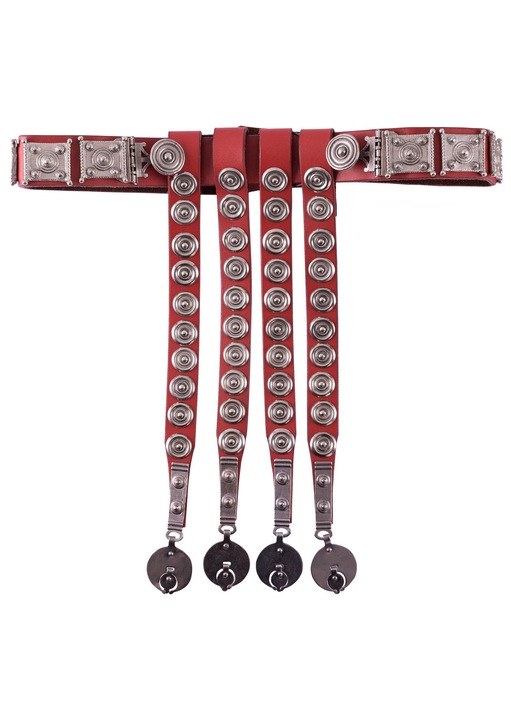Curea militara romana, model Mainz, piele rosie, accesorii din alama zincata, 100-125 cm