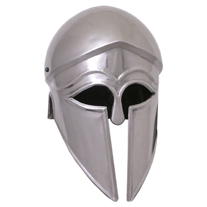 Casca Italo-Corinthian, Battle-Merchant, otel 1.3 mm, captuseala din piele, circumferinta maxima 60 cm, 1.3 kg