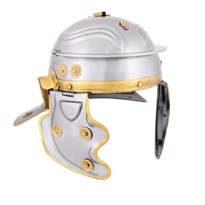 Casca romana, Battle-Merchant, Otel, Circumferinta cap pana la 60 cm, Argintiu / Auriu