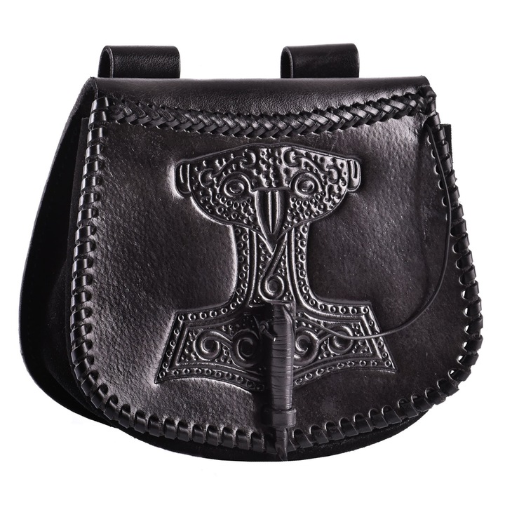 Bőrszütyő Mjolnir dombornyomással, fekete, 20x16x8cm