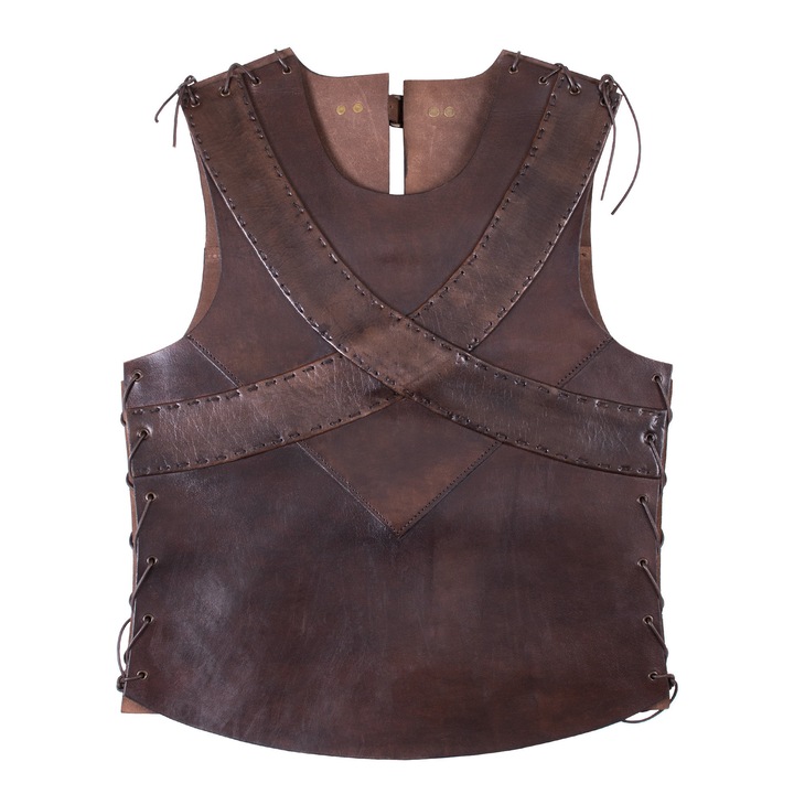 Armura de tors din piele, Battle-Merchant, cu bandajare in cruce, culoare maro, dimensiuni ajustabile