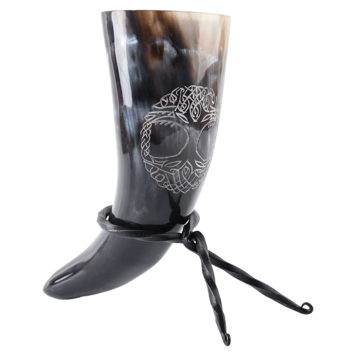 Corn de baut cu suport, Yggdrasil, din corn de bovina, capacitate 200-300 ml, 6x10cm