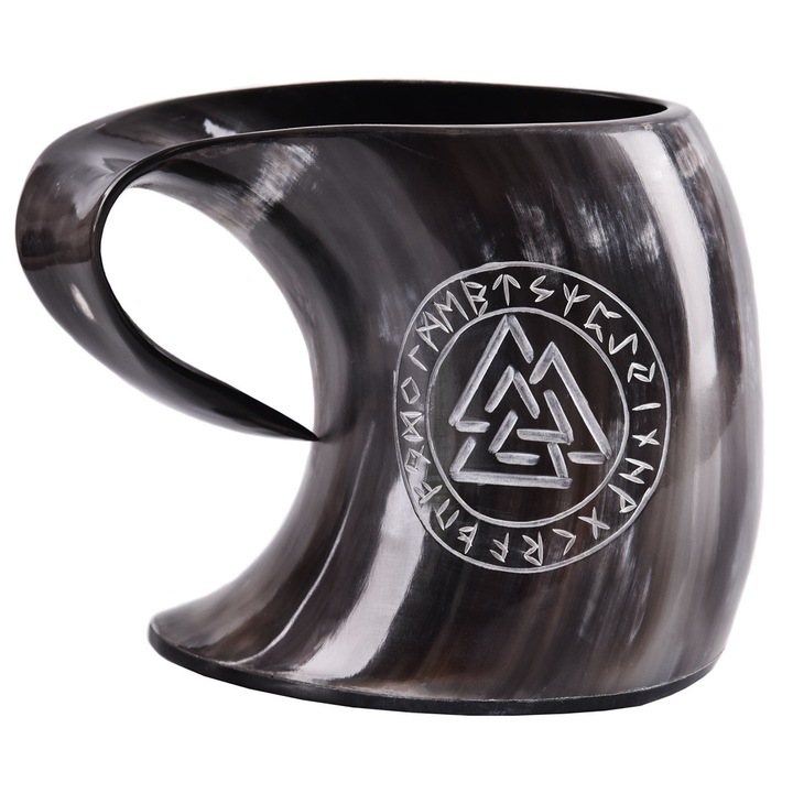 Cana din corn de bovina, Battle-Merchant, gravat, 15cm, capacitate 650-800ml