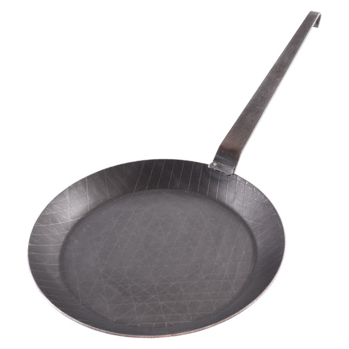 Tigaie din fier forjat cu maner in forma de carlig, 32 cm, rezistenta la zgarieturi, pentru toate tipurile de plite