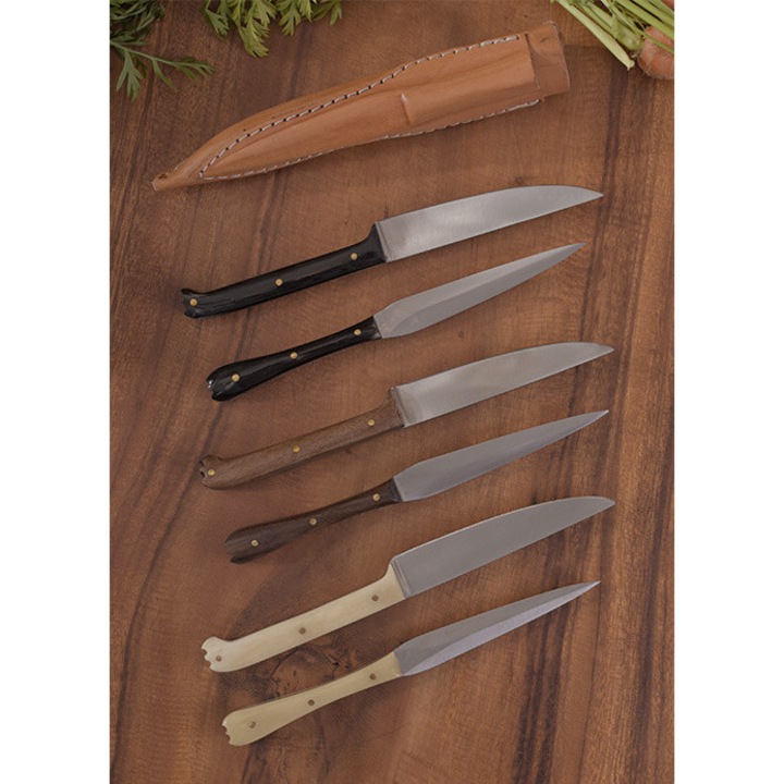 Set de tacamuri medievale, Battle-Merchant, otel inoxidabil, manere din corn, 18cm, teaca din piele
