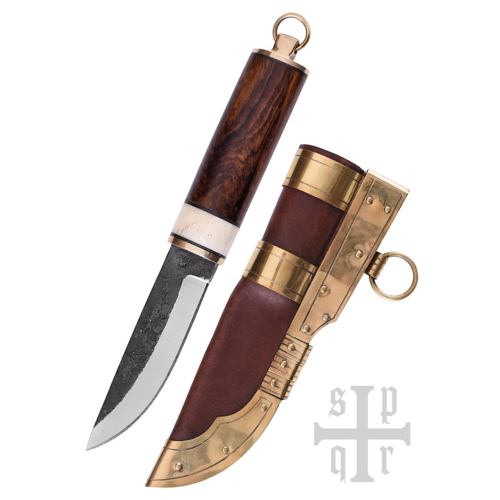 Cutit Viking din Gotland, S.P.Q.R., otel carbon, maner din nuc si os, lungime 25cm, teaca din piele cu accesorii din alama