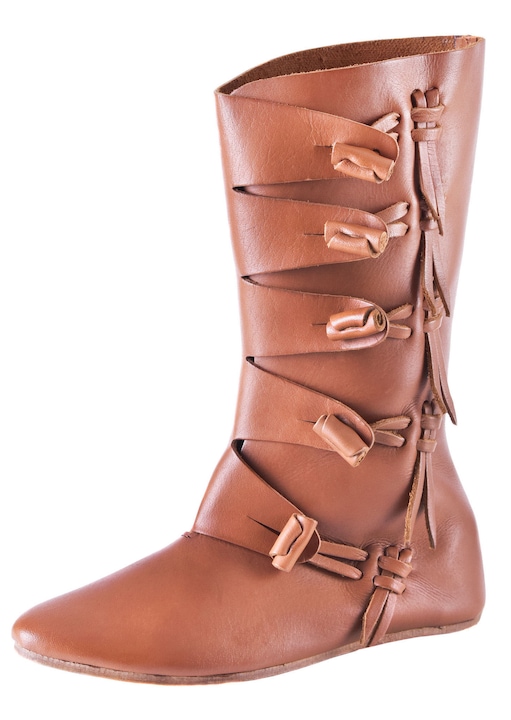 Ghete barbati Ulfberth vikinge medievale, piele de bivol, maro, cu clapete