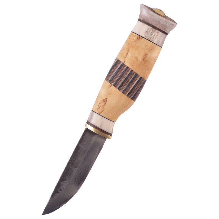 Cutit de vanatoare KaukoZebra, Wood Jewel, otel carbon, maner din mesteacan crestat si corn de ren, 19cm