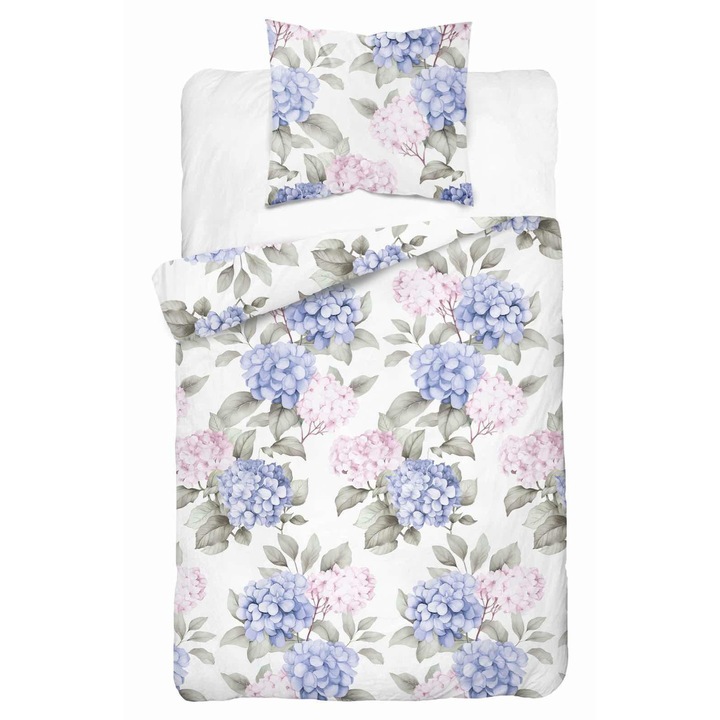 Lenjerie de pat satinata 140x200 alba cu hortensii albastre si roz – Satin Stories – 5488 B
