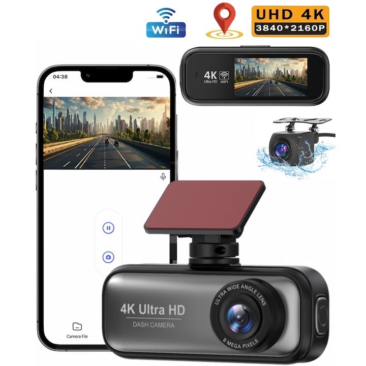 DVR V26a QOVU® 4K предна и 2K задна видеокамера за автомобил, WiFi и специално приложение, 170° ултрашироко зрително поле, сензор за сблъсък, 170° ултраширок ъгъл, 24-часово наблюдение на паркирането и опционален GPS