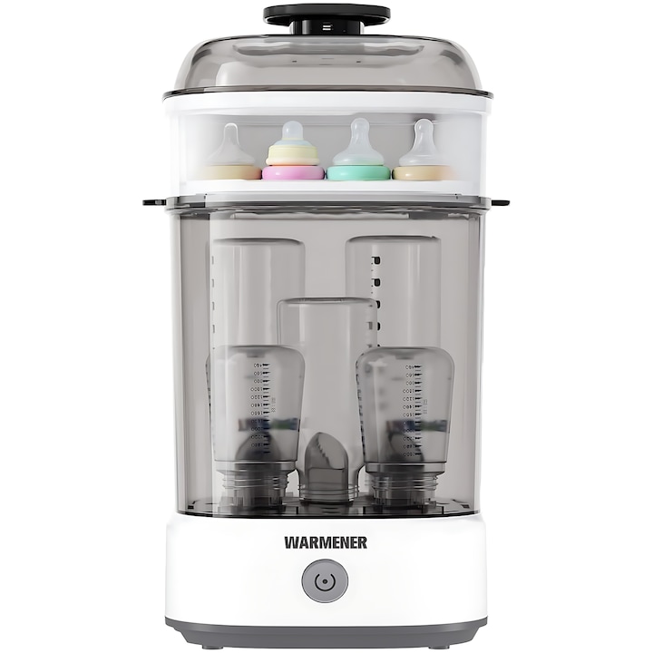 Sterilizator Biberon Warmener, 500W, 19.4 x 20.6 x 33.9 cm, 5 Biberoane, Alb-Negru, Aparat Electric Pentru Bebelusi, Sterilizare Rapida Si Sigura, Ideal Pentru Acasa Sau Calatorii