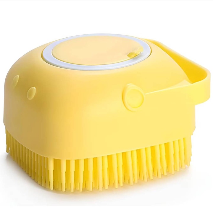 Perie de spalat pentru caini si pisici, multifunctionala, cu rezervor de sampon din silicon, galben