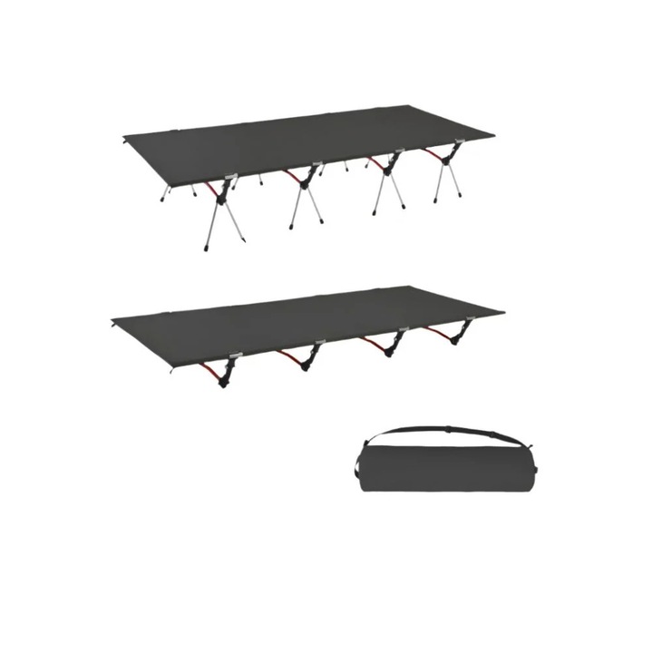 Pat pliabil de camping, 4 tije, lat, inaltime 38 cm, ultra usor, 80 cm, negru