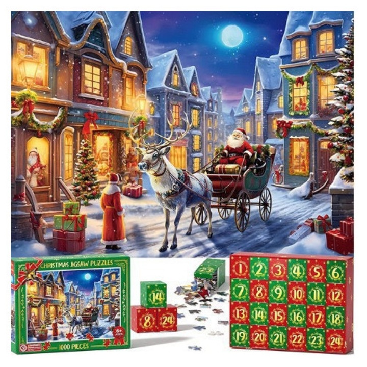 Calendar Advent Puzzle 24 Zile, OEM, rosu, 70x50cm, 1008 piese