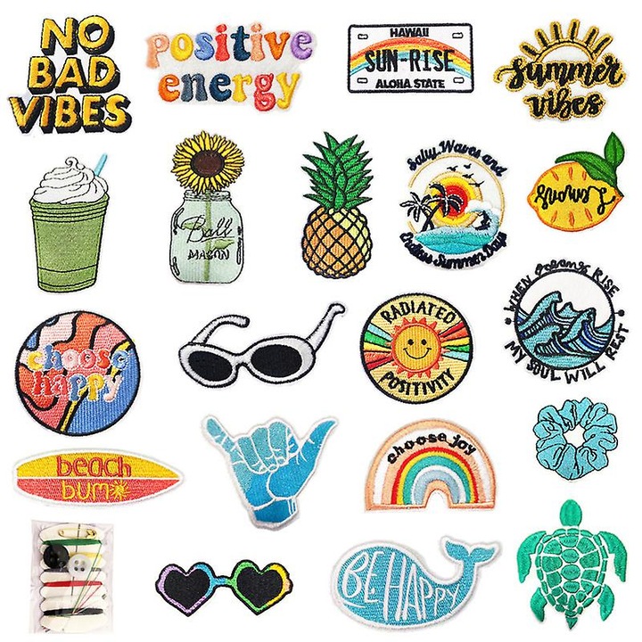 Set 20 Patches Brodate cu Tema Dinozaur, Accesorii DIY pentru Imbracaminte, Culori Vii