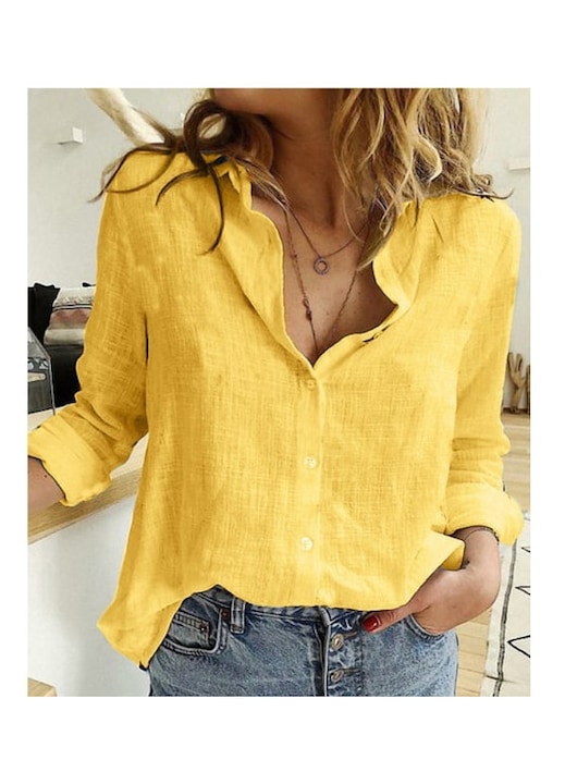 Дамска ленена риза, жълта, свободен стил, размер L
