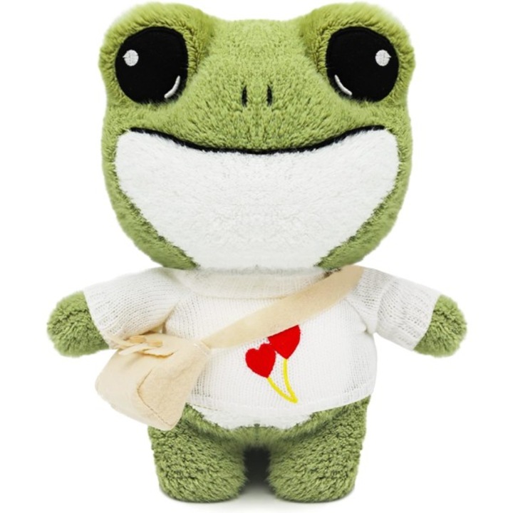 Плюшена играчка зелена жаба 30см с жилетка и раница, креативен подарък за деца