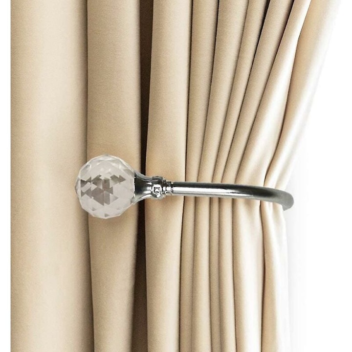 Set 2 Carlige pentru perdele, metal, cu cristale, 7.1x16cm, argintiu