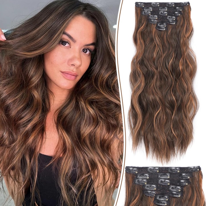 Extensii de par, set 7PCS, 20 inch, castaniu cu nuante de aramiu, ondulate, pentru femei