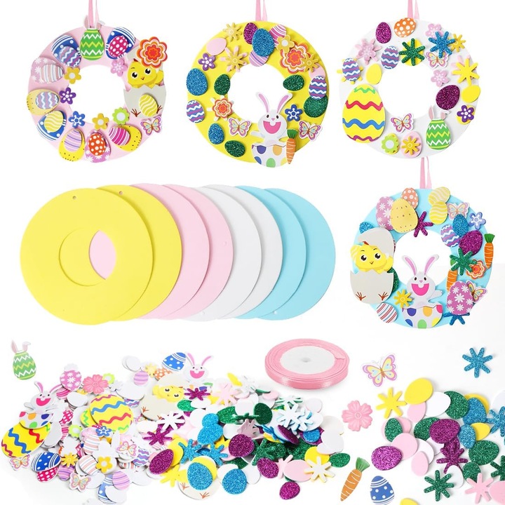 Set 8 kituri coronite de Paste, 16cm, stickere colorate, activitati DIY pentru copii