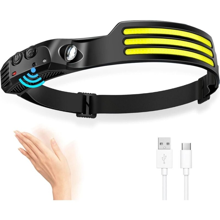 Újratölthető LED-es fejlámpa, mozgásérzékelő, IPX4, állítható, 1200mAh