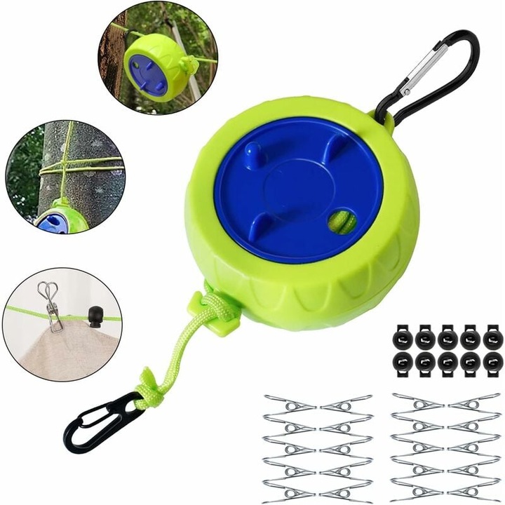 Комплект преносим сушилник за дрехи, 10м, с щипки за фиксиране и скоби, за къмпинг и дейности на открито