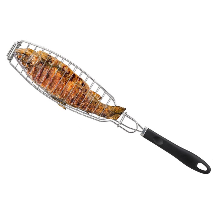 Cleste pentru peste la gratar, din otel inoxidabil si maner din cauciuc, suprafata de gatit generoasa, curatare usoara in masina de spalat vase, negru/argintiu, 58 x 10 cm