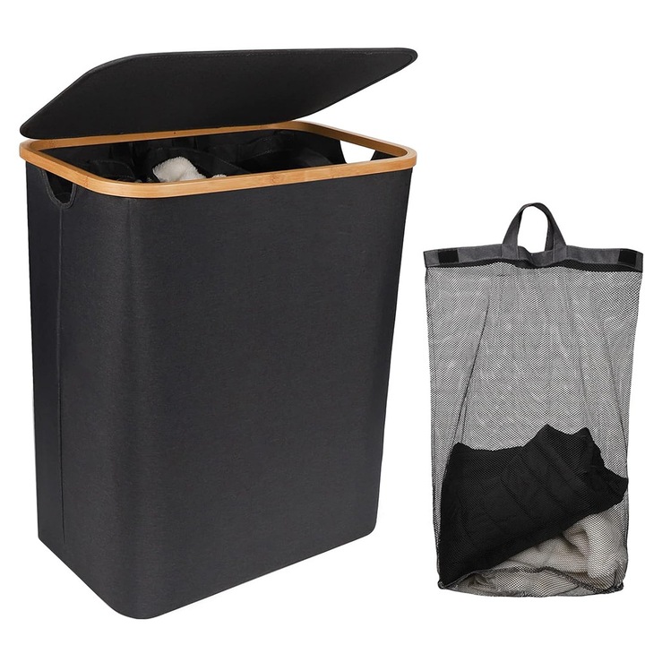 Cos de rufe bambus, cu capac, cu plasa detasabila, pliabil, panza Oxford, cu manere, 40.5*33*65cm, TOIITKQ, negru