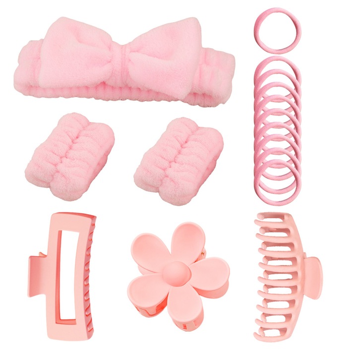 Set 16 piese accesorii par, plastic/textil, bentite agrafe elastice clipsuri, roz