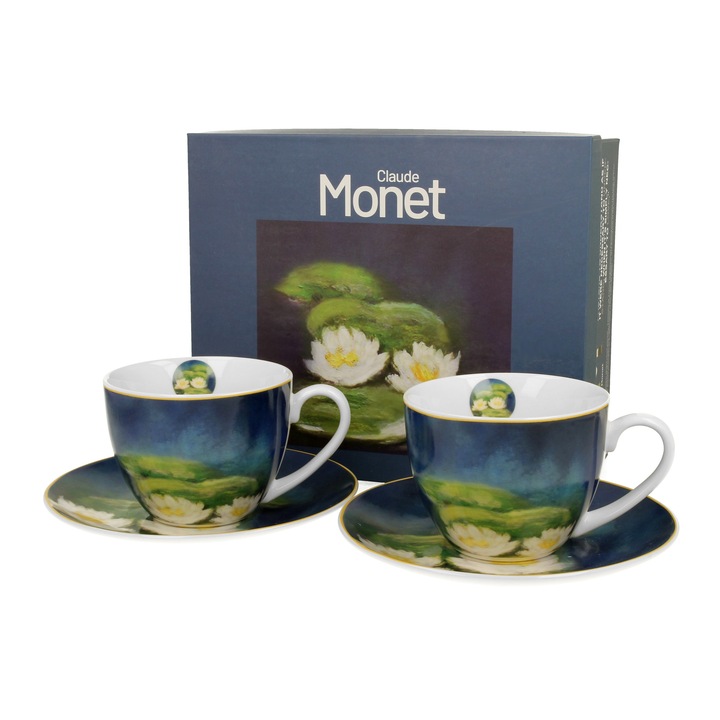 Set de 2 cesti si farfurie, C. Monet-Nuferi New, portelan, multicolor, 280 ml