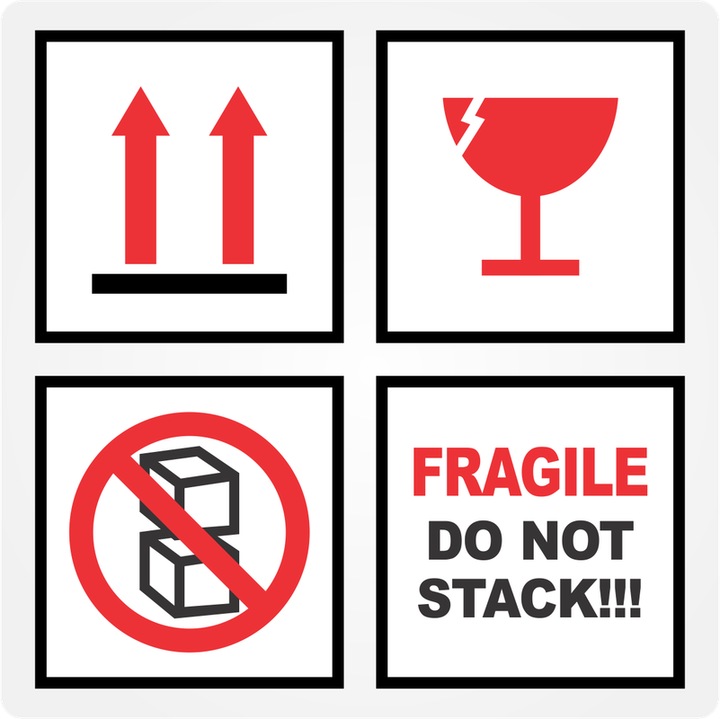 Eticheta Logistica Fragile do not stack, autoadeziv usor de aplicat, Cri-Flo, Culoare Rosu, Dimensiune 100x100 mm