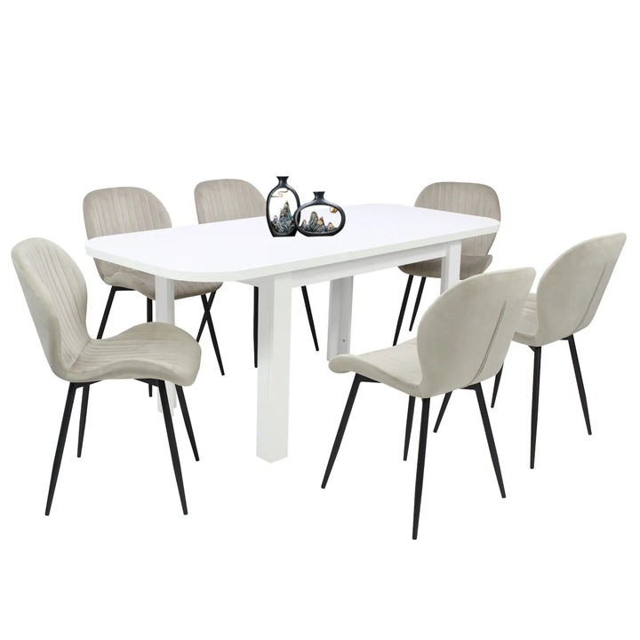 Set masa extensibila Roma Alba cu 6 scaune Opal Capucino, picioare negre, tapiterie din material textil, dreptunghiulara, blat din PAL laminat, 140x80x75 cm
