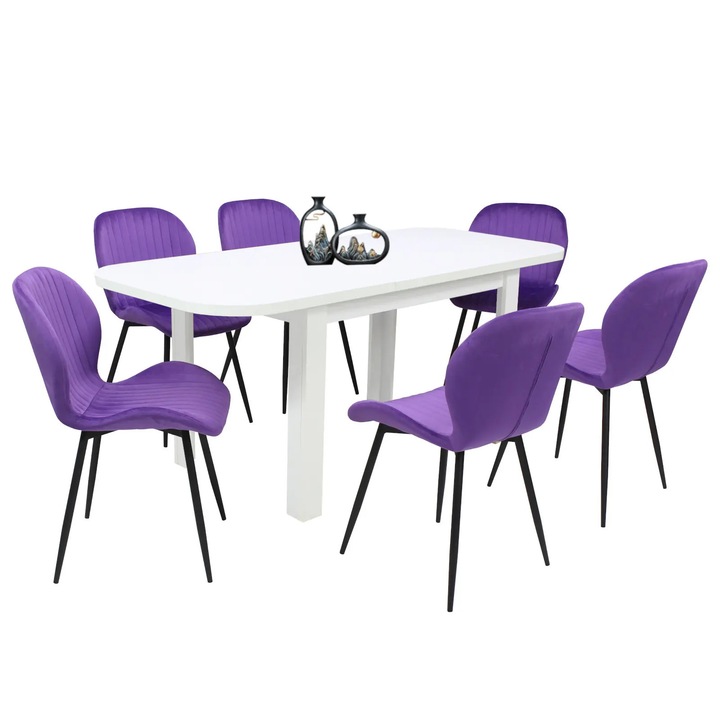 Set masa extensibila Roma Alba cu 6 scaune Opal Mov, picioare negre, tapiterie din material textil, dreptunghiulara, blat din PAL laminat, 140x80x75 cm