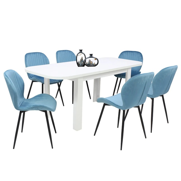 Set masa extensibila Roma Alba cu 6 scaune Opal Blue, picioare negre, tapiterie din material textil, dreptunghiulara, blat din PAL laminat, 140x80x75 cm