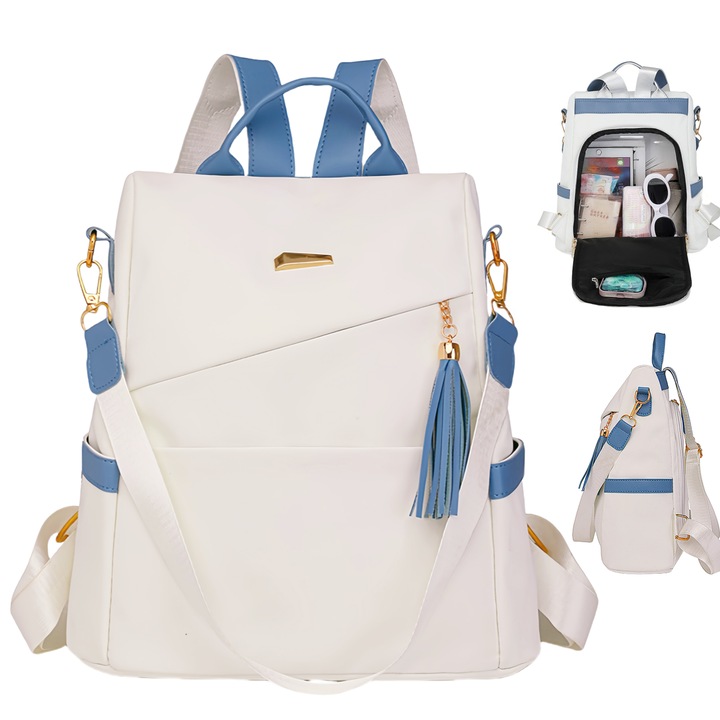 Дамска раница, RorAem, PU кожа, Може да се използва като раница, чанта през рамо и чанта, Висулка с пискюл, здрави ципове, регулируема презрамка, идеална за училище, офис и ежедневна употреба, Най-добрият подарък за нея, Бяло-синьо