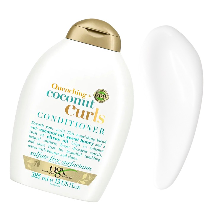 Balsam de par Ogx Quenching+ Coconut Curls, 385 ml, cu ulei de cocos si miere, pentru par cret