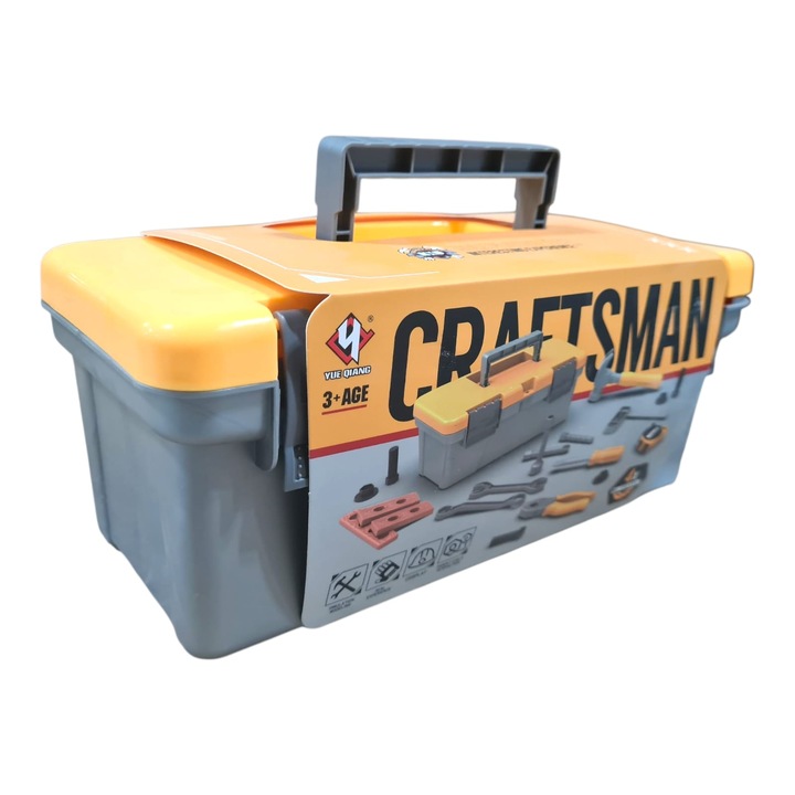 Set 19 piese Jucarii interactive pentru copii tip Trusa de Scule, Material Plastic, +3 Ani, 27.5 cm x 15.5 cm x 13 cm, Gri, Galben