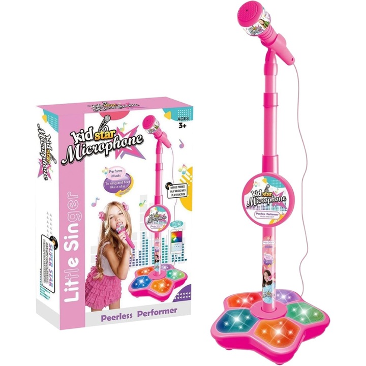 Karaoke mikrofonkészlet gyerekeknek állítható állvánnyal, Ludiro, hangokkal, fényekkel és MP3 funkcióval, interaktív játék énekléshez, tánchoz és játékon keresztüli fejlődéshez, rózsaszín