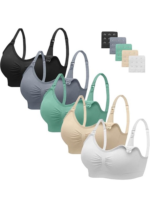 5 darabos szoptatós melltartó szett, 90% nejlon+10% spandex, levehető kapocs, levehető kosárvédő, levehető betétek, fekete/szürke/zöld/sárga/fehér, Többszínű