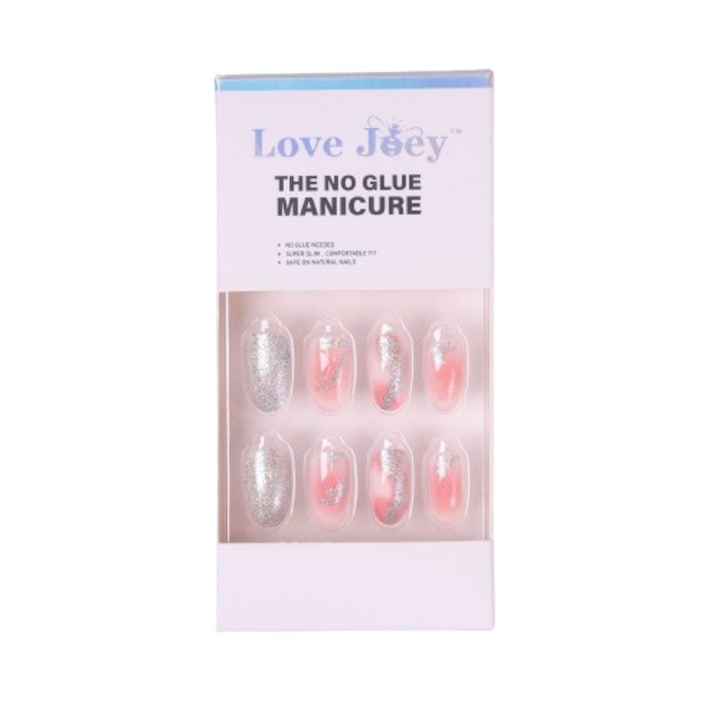 Produse nail art, False nails, tipsuri reutilizabile, LOVE JOEY, Almond, A061 Pink Silver