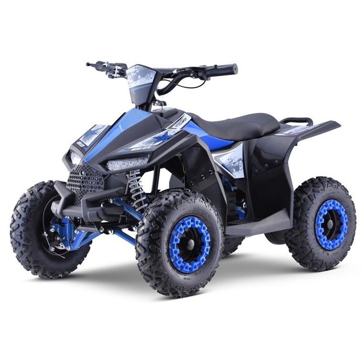 Atv electric pentru copii Hiperfect Blue, cu motor 1000W, baterie de 48V12Ah, viteza 35 km/h, cadrul din metal armat, echipat cu roti pneumatice, suspensii, faruri LED frontale, claxon integrat, pornire cu cheie