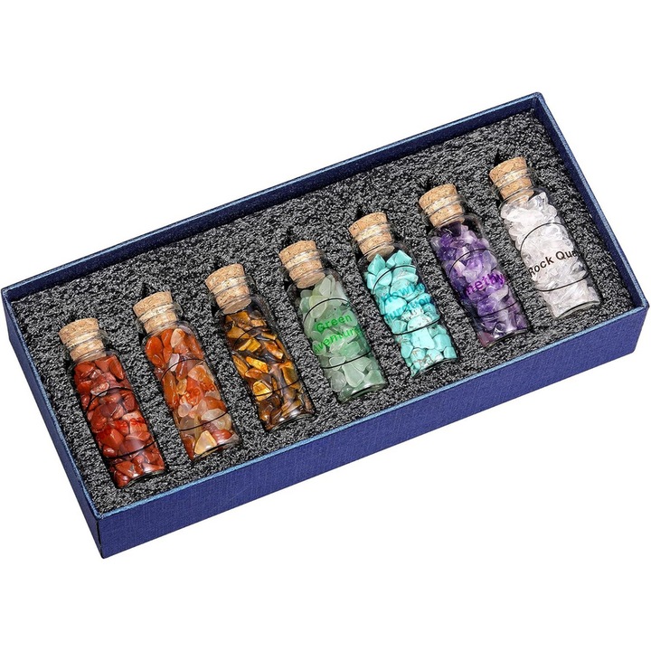 Set 7 Mini Sticlute din Sticla cu Pietre Semipretioase, Decor Feng Shui, Reiki, Chakra, cu Cutie