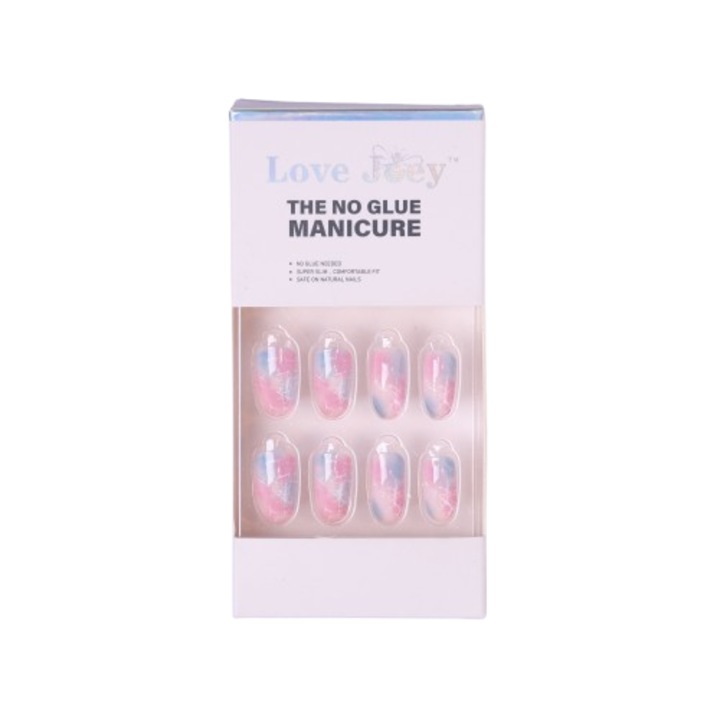 Produse nail art, Unghii false, tipsuri reutilizabile, LOVE JOEY, migdala, A068 albastru, alb, roz