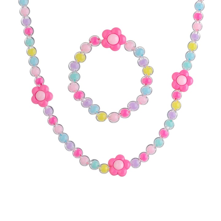 Set colier și brățară cu mărgele multicolore pentru copii, roz, 2 buc