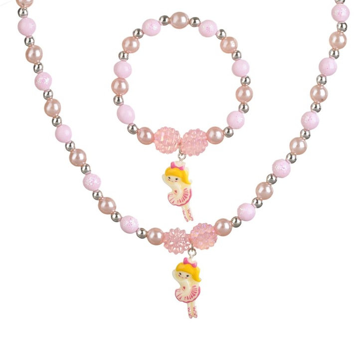 Set colier și brățară copii, margele roz și argintii, perle roz, balerina suspendată