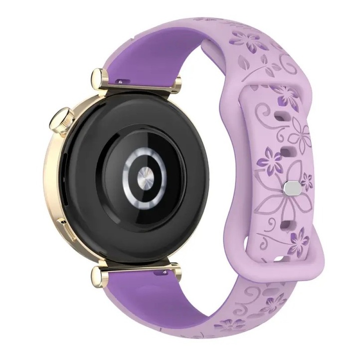 Curea silicon 18mm cu model floral, prindere rapida, compatibila cu Huawei Watch GT 4 41mm / GT 5 41mm / GT 5 Pro 42mm / GT 6 41 mm, Best Accessories, violet