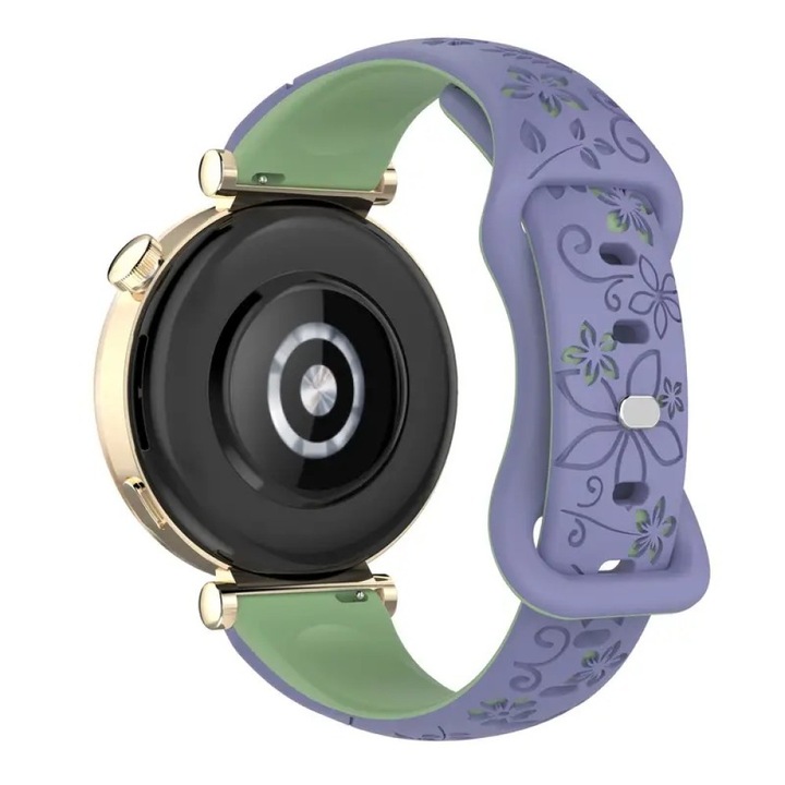 Curea silicon 18mm cu model floral, prindere rapida, compatibila cu Huawei Watch GT 4 41mm / GT 5 41mm / GT 5 Pro 42mm / GT 6 41 mm, Best Accessories, violet/verde