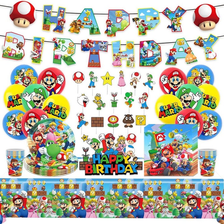 Set complet de accesorii pentru petrecere Mario pentru 10 persoane, culori vibrante, decoratiune perete