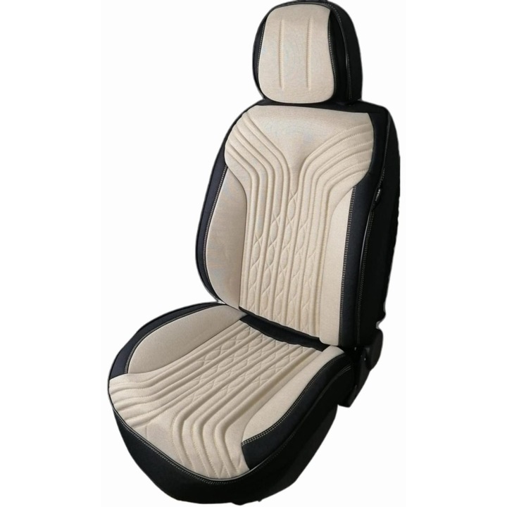 Set huse scaune auto universale Deluxetuning, material textil, negru cu crem, fata-spate, bancheta fractionata