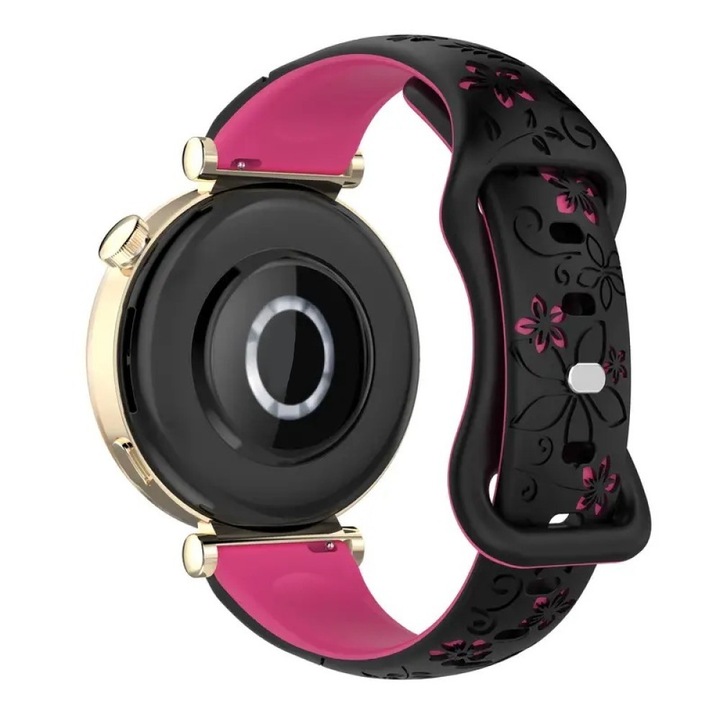 Curea silicon 18mm cu model floral, prindere rapida, compatibila cu Huawei Watch GT 4 41mm / GT 5 41mm / GT 5 Pro 42mm / GT 6 41 mm, Best Accessories, negru/roz inchis